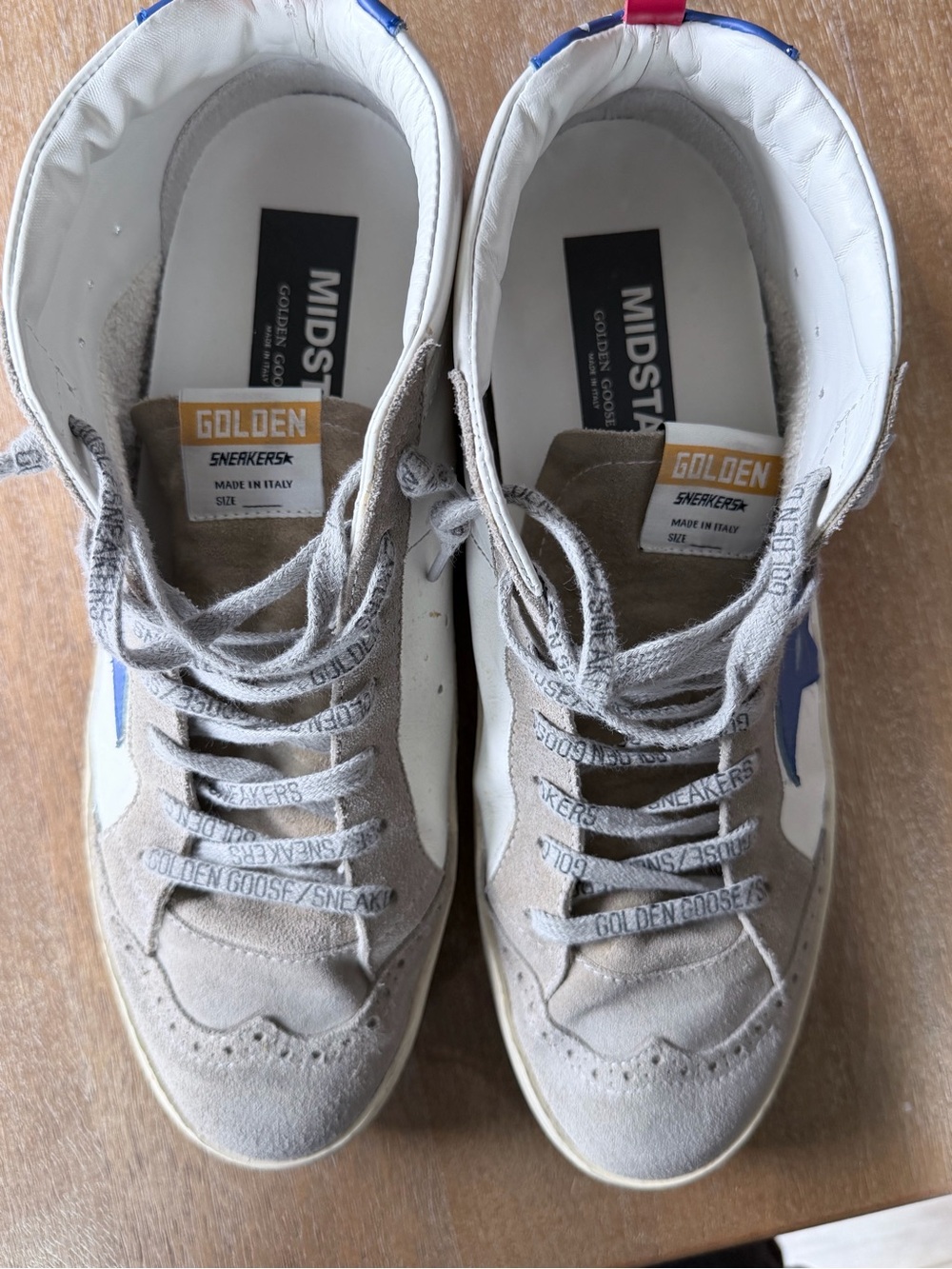Golden Goose Mid Star Beige Suede High-Top Sneakers with Blue Star/Pink Pull Tab - Picture 10 of 16